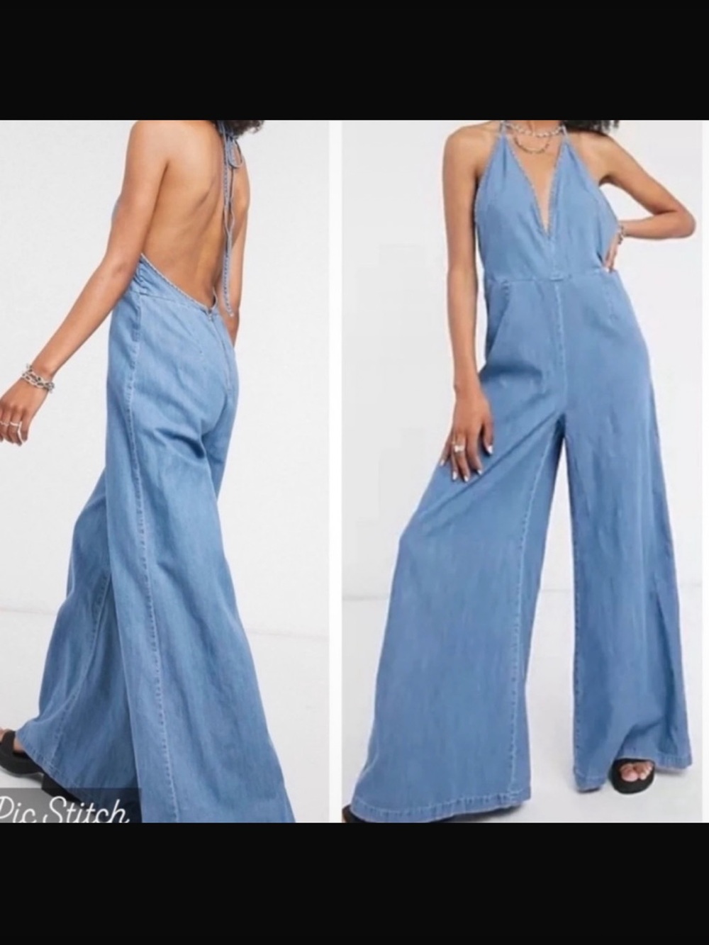 Free People Light Blue Open-Back Wide Leg Denim Jumpsuit